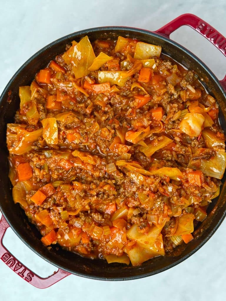 One-pot unstuffed cabbage soup with ground beef, cabbage, rice, and vegetables