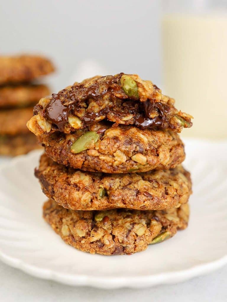 Nursing cookies recipe stacked on a plate with a glass of milk