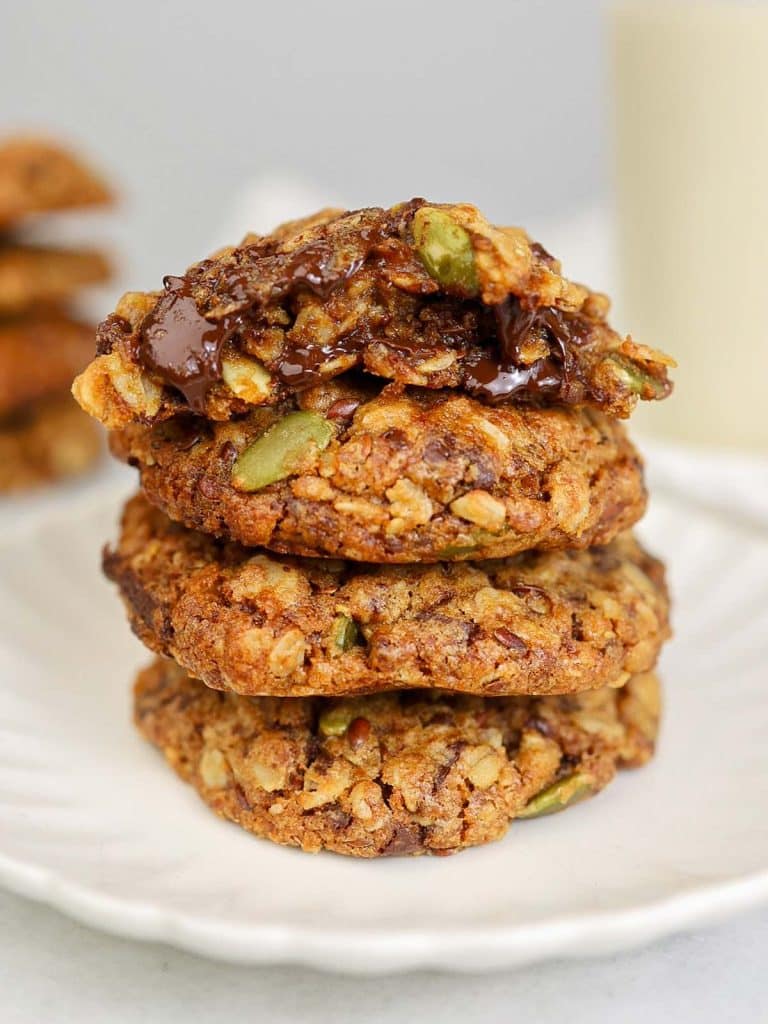 Breastfeeding cookie with brewer's yeast broken open to show gooey chocolate inside