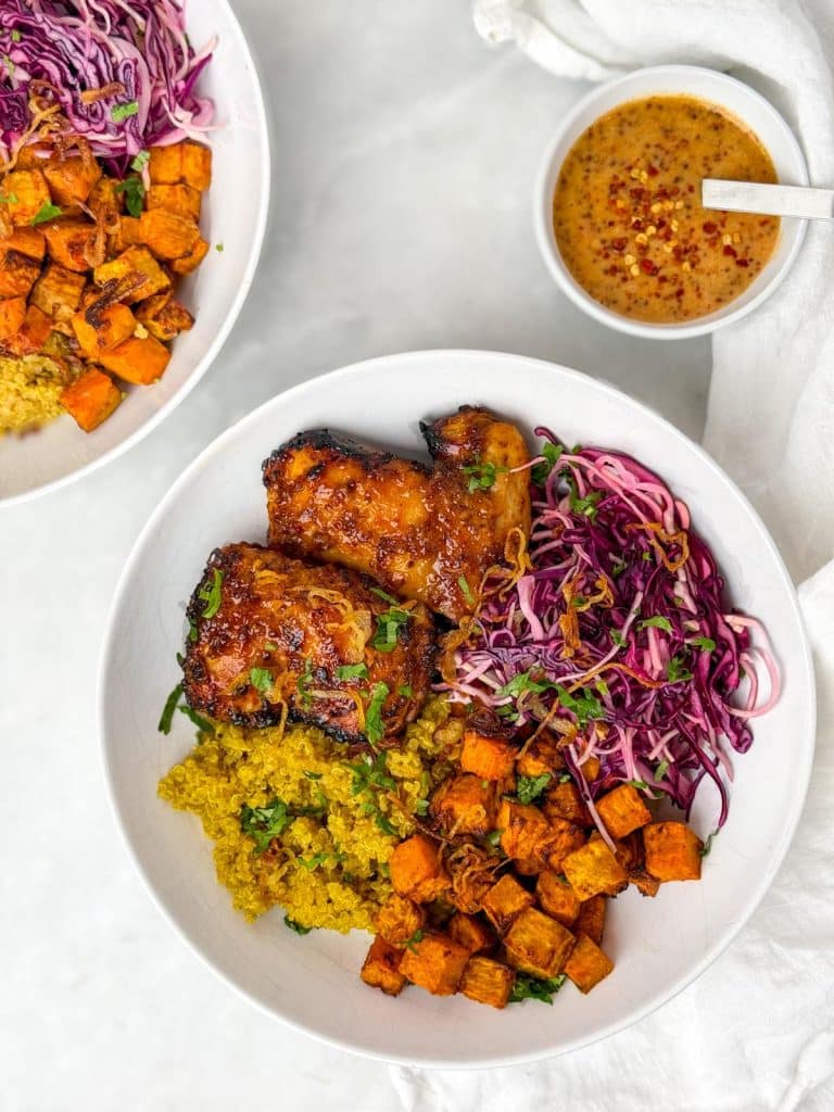 Sweetgreen copycat chicken bowl with hot honey mustard sauce on the side