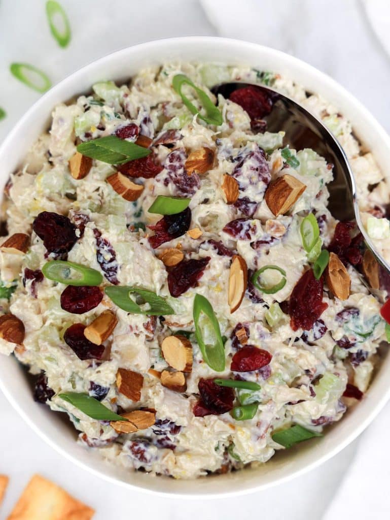 Close-up of healthy cranberry chicken salad with greek yogurt dressing, toasted almonds, and green onion garnish