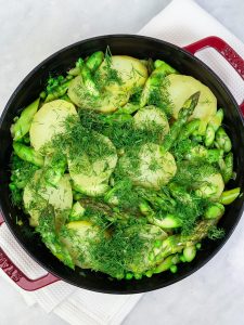 Spring veg frittata base with potatoes, asparagus, peas and fresh dill