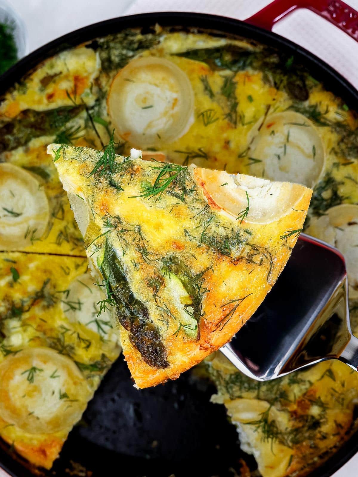 Spring vegetable frittata with goats cheese, asparagus, peas and dill