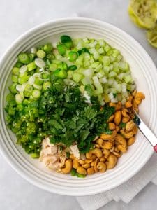 Chicken, celery, green onion, jalapeño, cilantro, and cashews in a bowl before mixing
