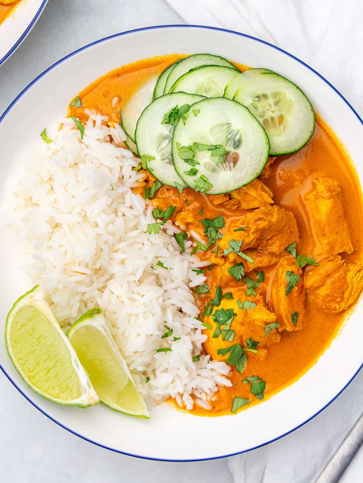 Close-up of creamy coconut chicken over jasmine rice topped with cucumber slices and cilantro