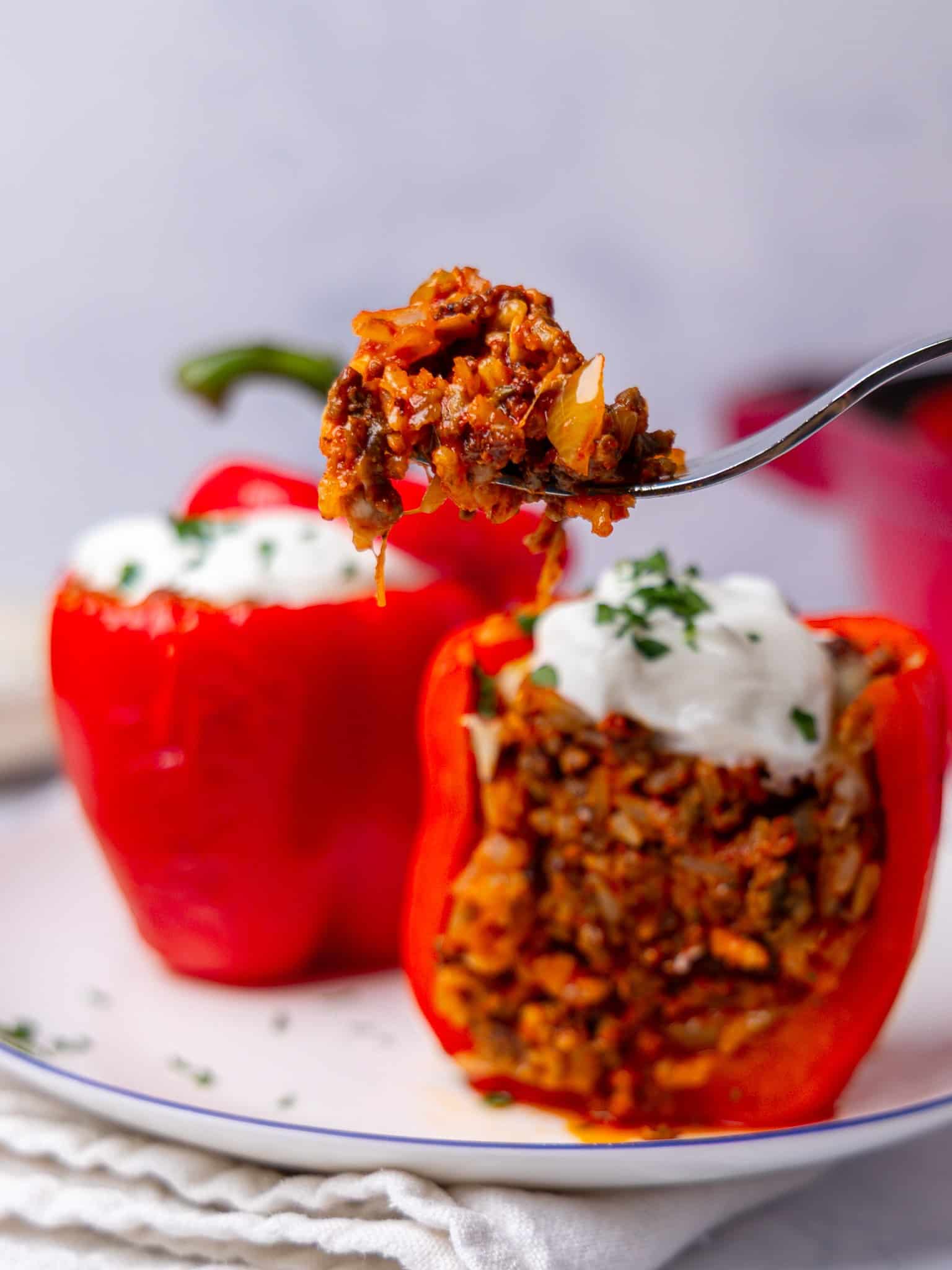Forkful of beef and rice filling lifted from healthy high protein stuffed peppers topped with greek yogurt