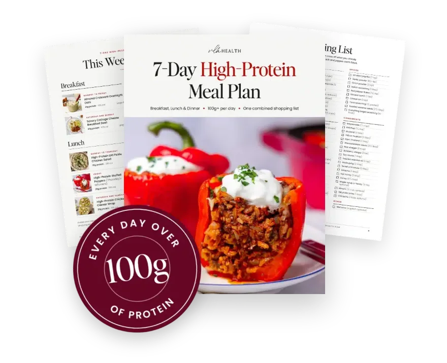 Free 7-day high-protein meal plan: the cover, this week's menu and the shopping list